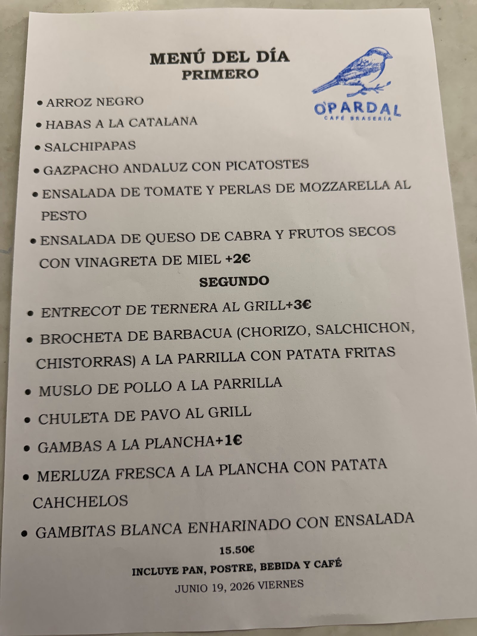 Menú del día de O'PARDAL
